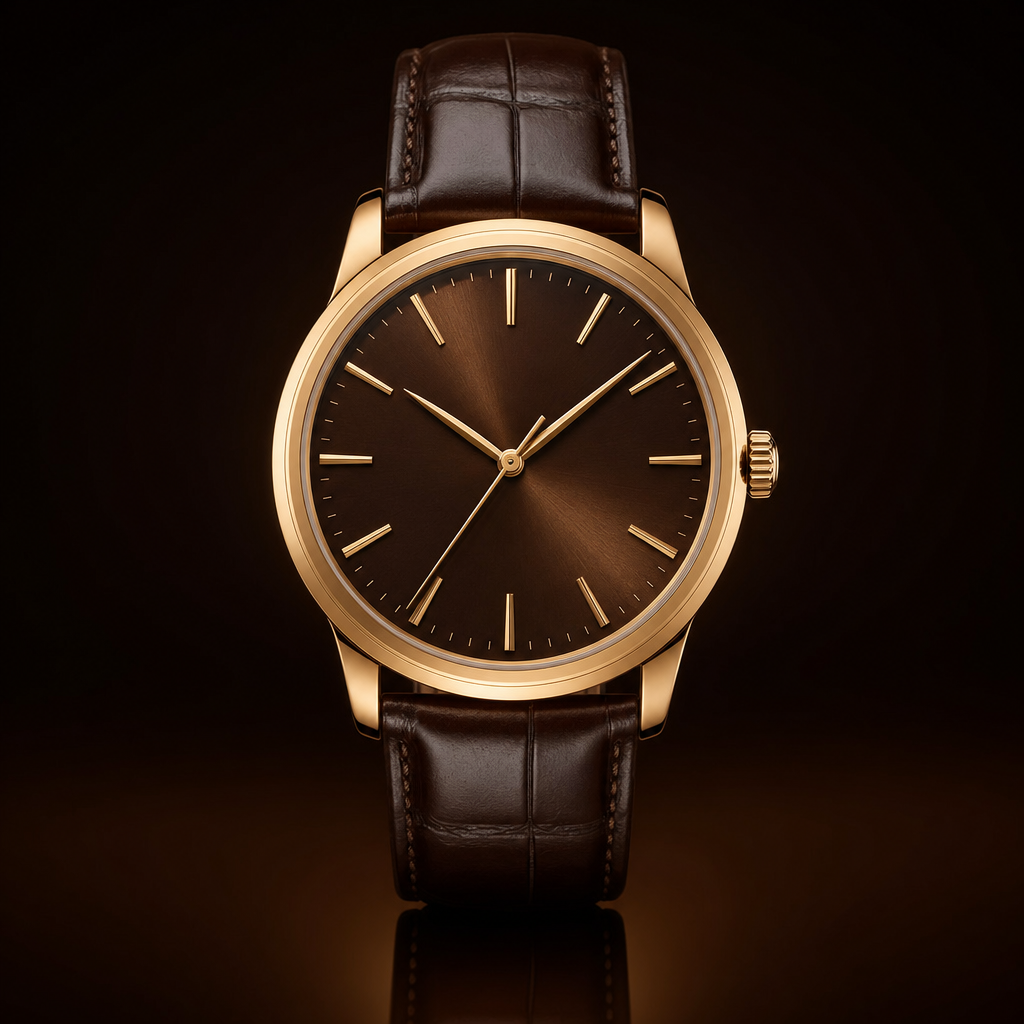 Frontal packshot of a gold luxury watch on a dark background