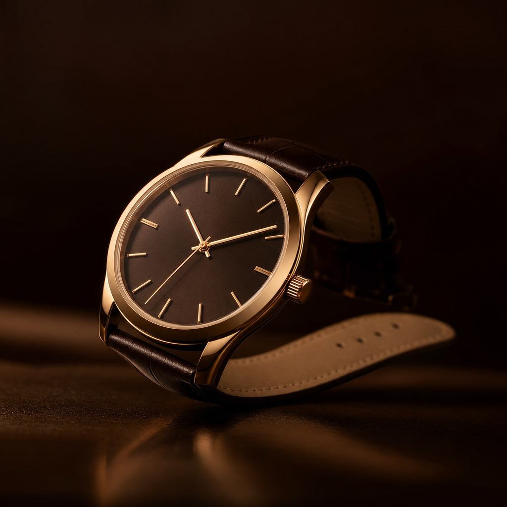 Three-quarter hero shot of a gold luxury watch